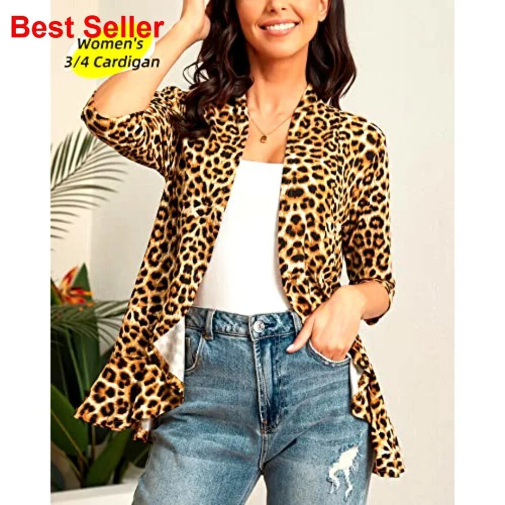 Women's 3/4 Sleeve Cardigan, Open Front, Shawl Collar, S-3XL